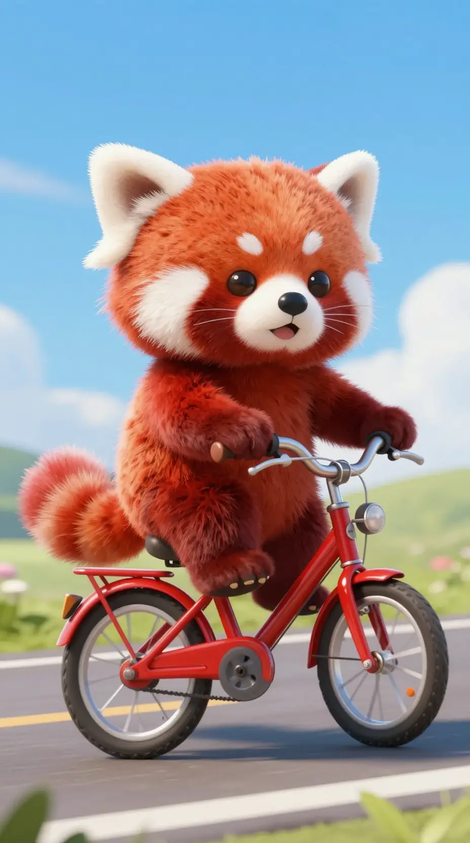Chibi red panda riding a shiny red bicycle on road