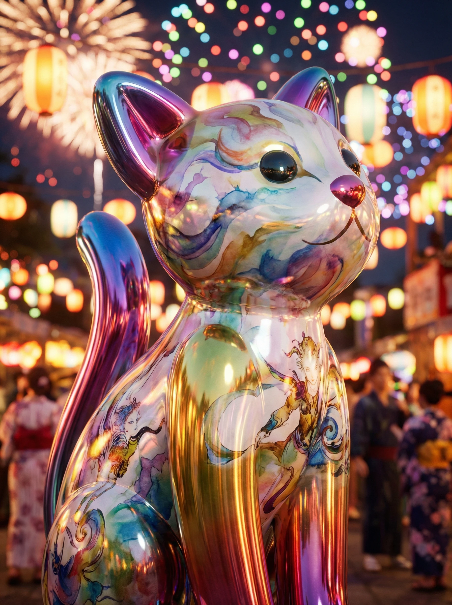 華やかな祝祭シーンのカラフルなバルーン猫の彫刻