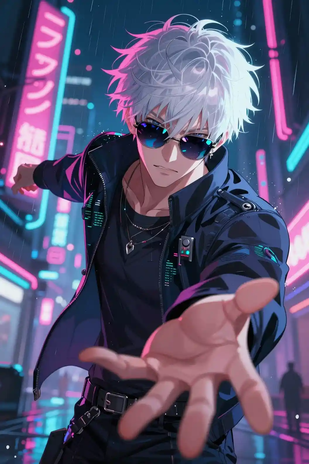 Hombre de anime de cabello blanco bajo la lluvia en ciudad cyberpunk neón