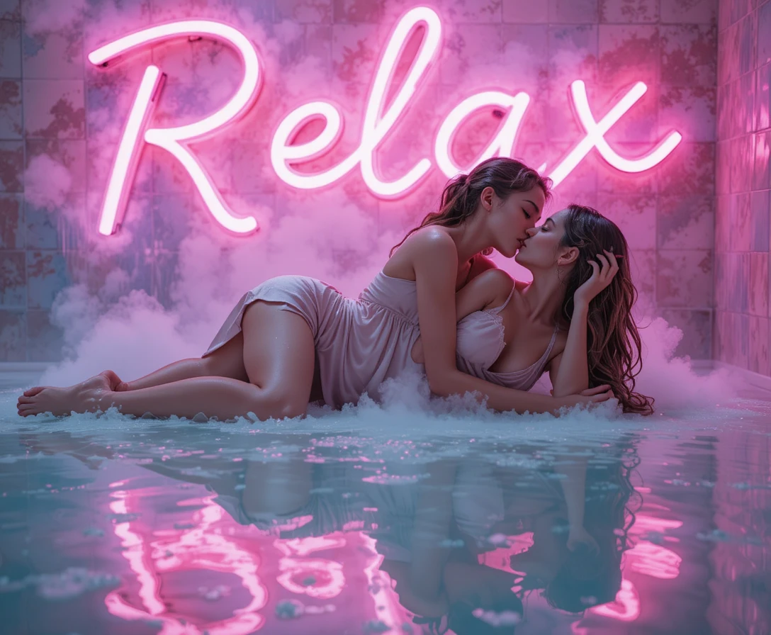 Two women kissing on a steamy neon lit bathroom floor