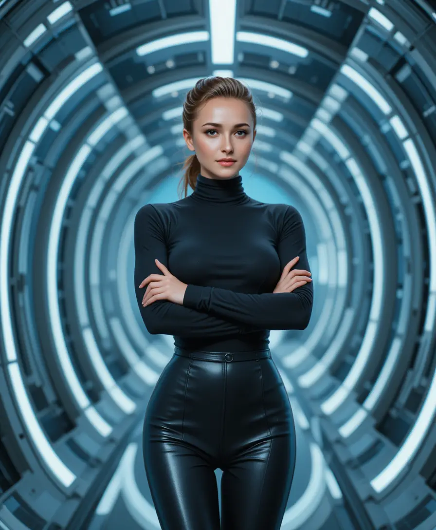 Selbstbewusste Frau in Schwarz in einem eleganten Sci-Fi-Korridor