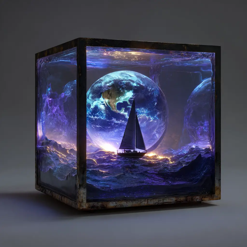Neon sign with floating earth in a dark metal void