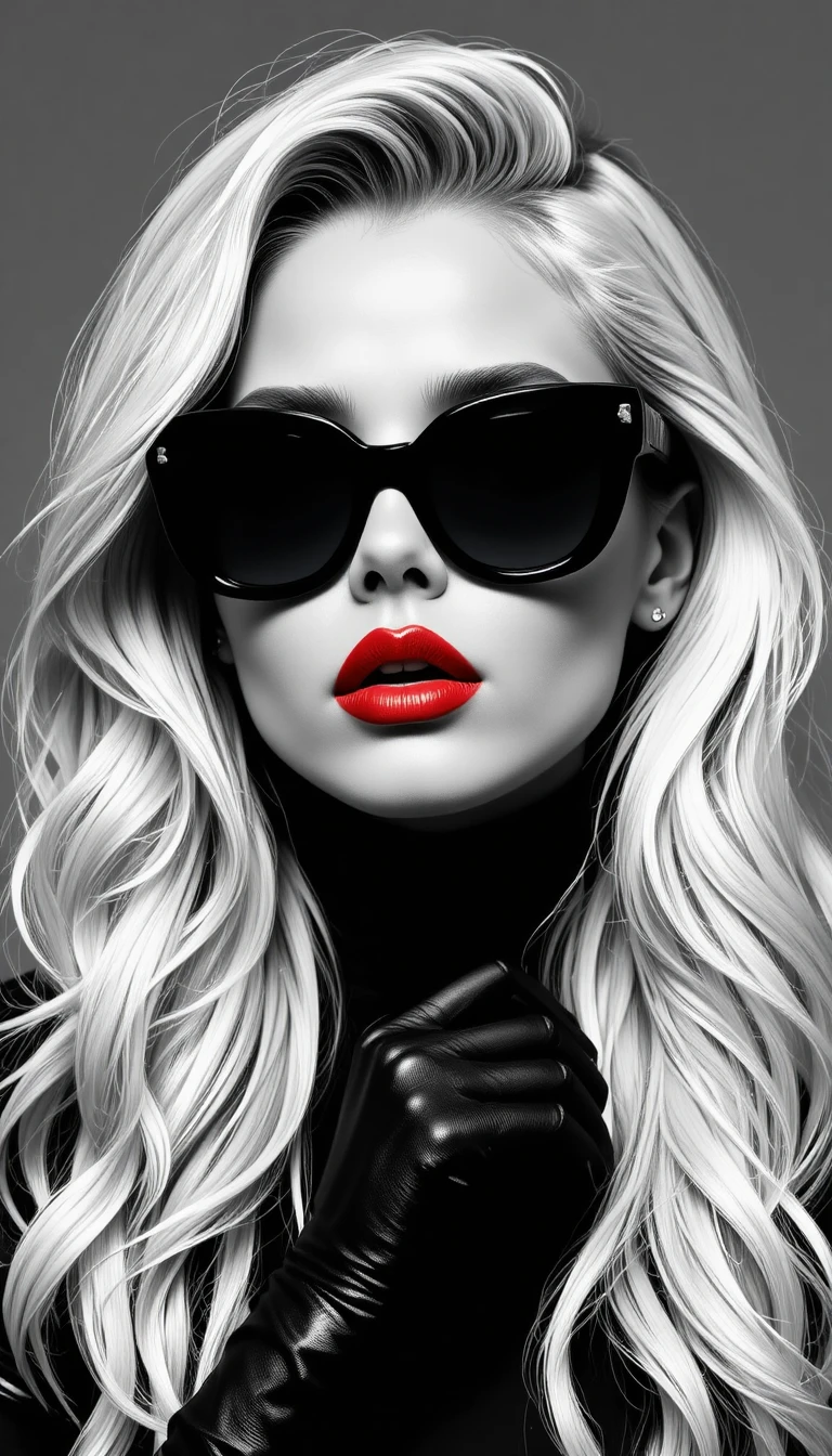 Stylish woman in black with bold red lips and shades