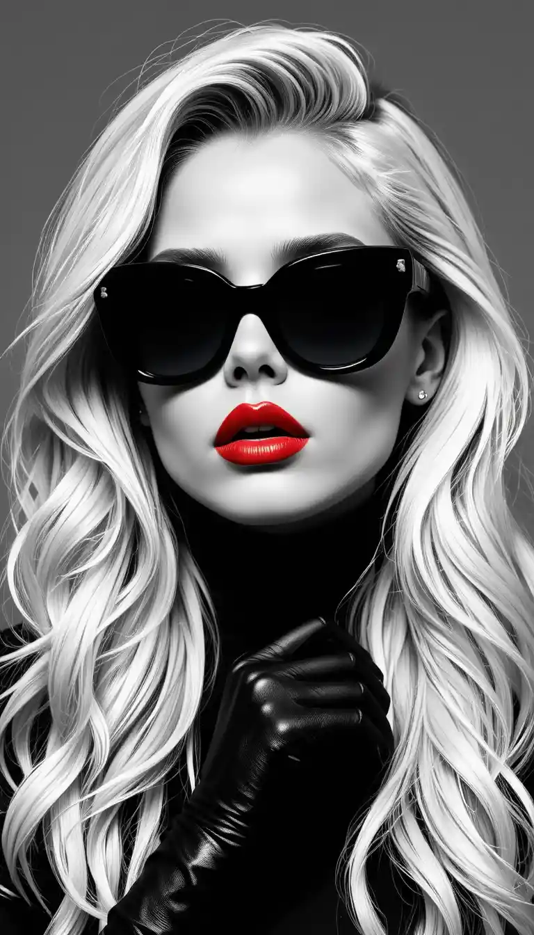 Stylish woman in black with bold red lips and shades