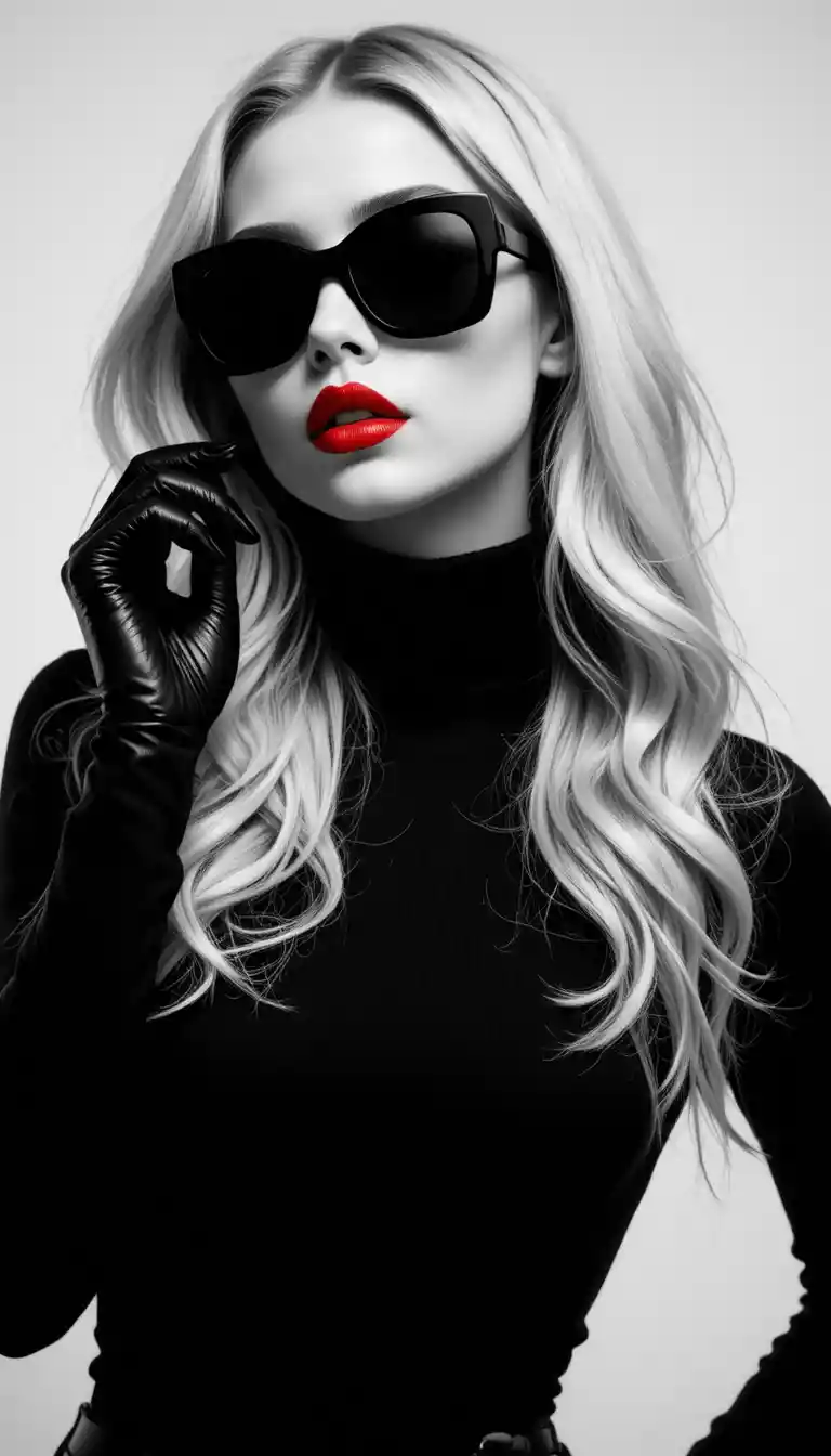 Stylish woman in black with bold red lips and shades