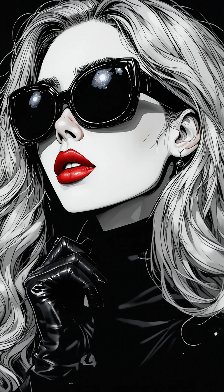 Mujer chic en monocromo con llamativos labios rojos
