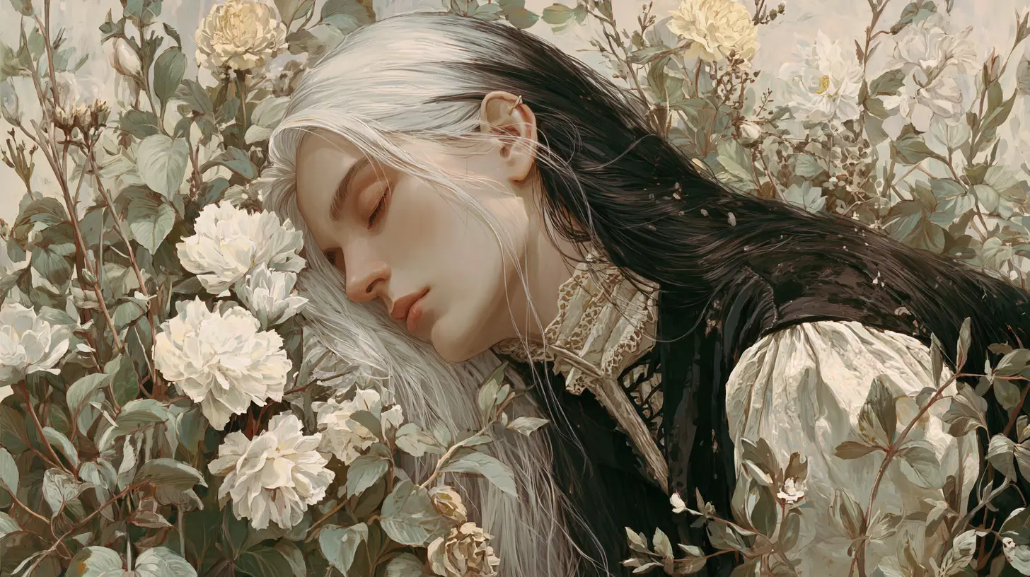 Androgynous woman sleeping in a dreamy greenhouse garden
