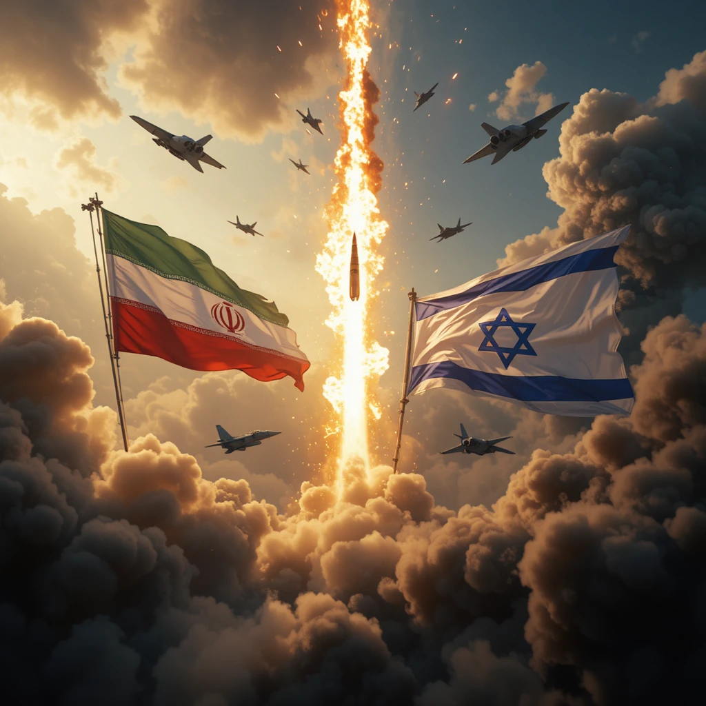 Iran and Israel flags in a dramatic war confrontation