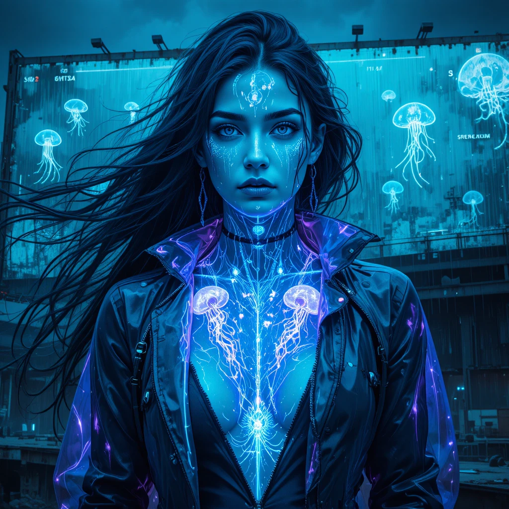 Cyberpunk femme fatale billboard above stormy research harbor