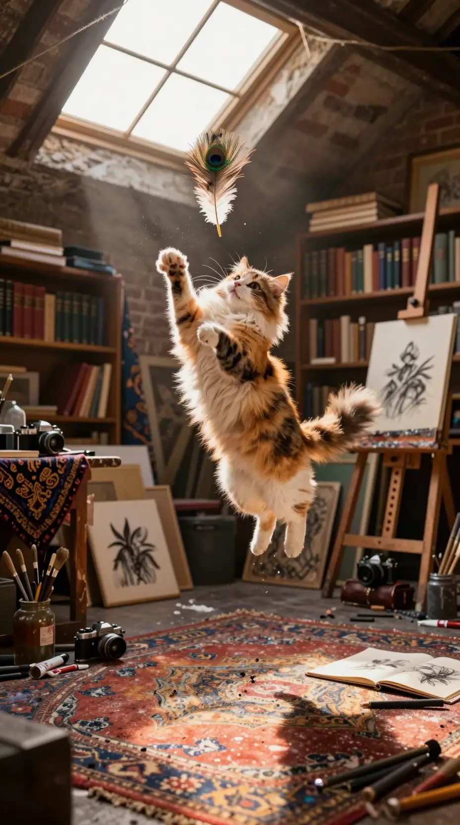 Calico cat leaping in sunlit attic artist studio