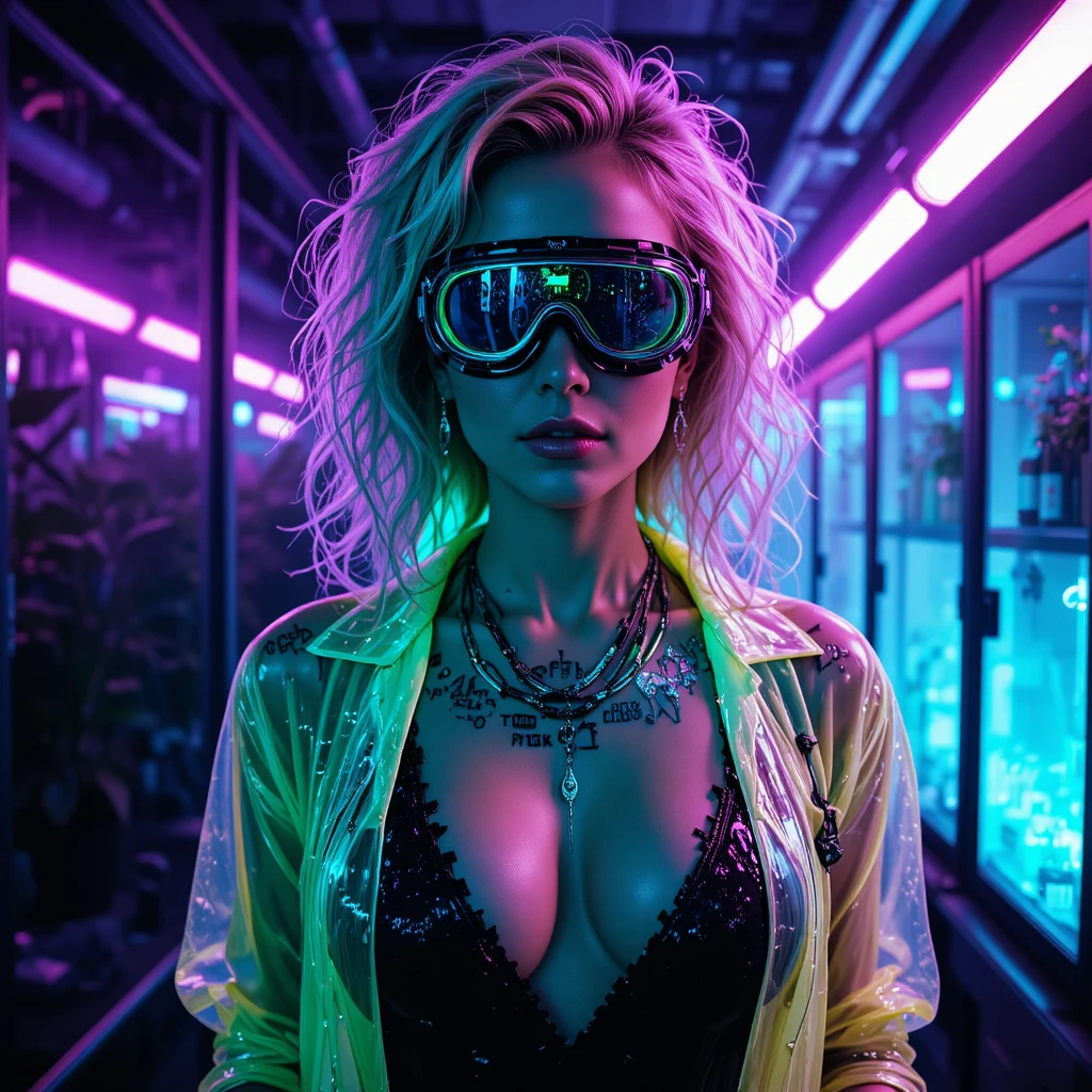 Cyberpunk femme fatale in neon lit biolab corridor