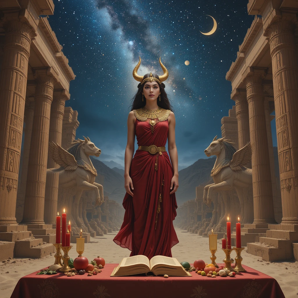 Egyptian queen beneath a star woven desert night sky