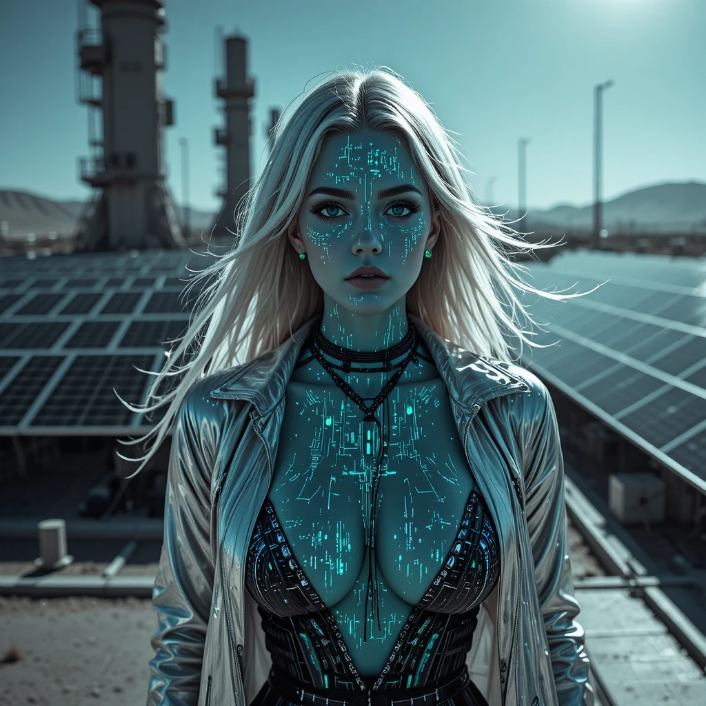 Cyber noir femme fatale close up on desert solar deck