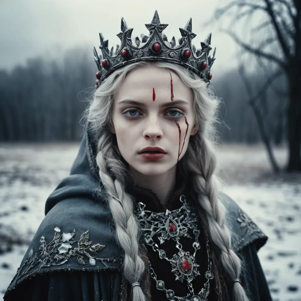 Pale winter goddess with thorn crown in snowy field