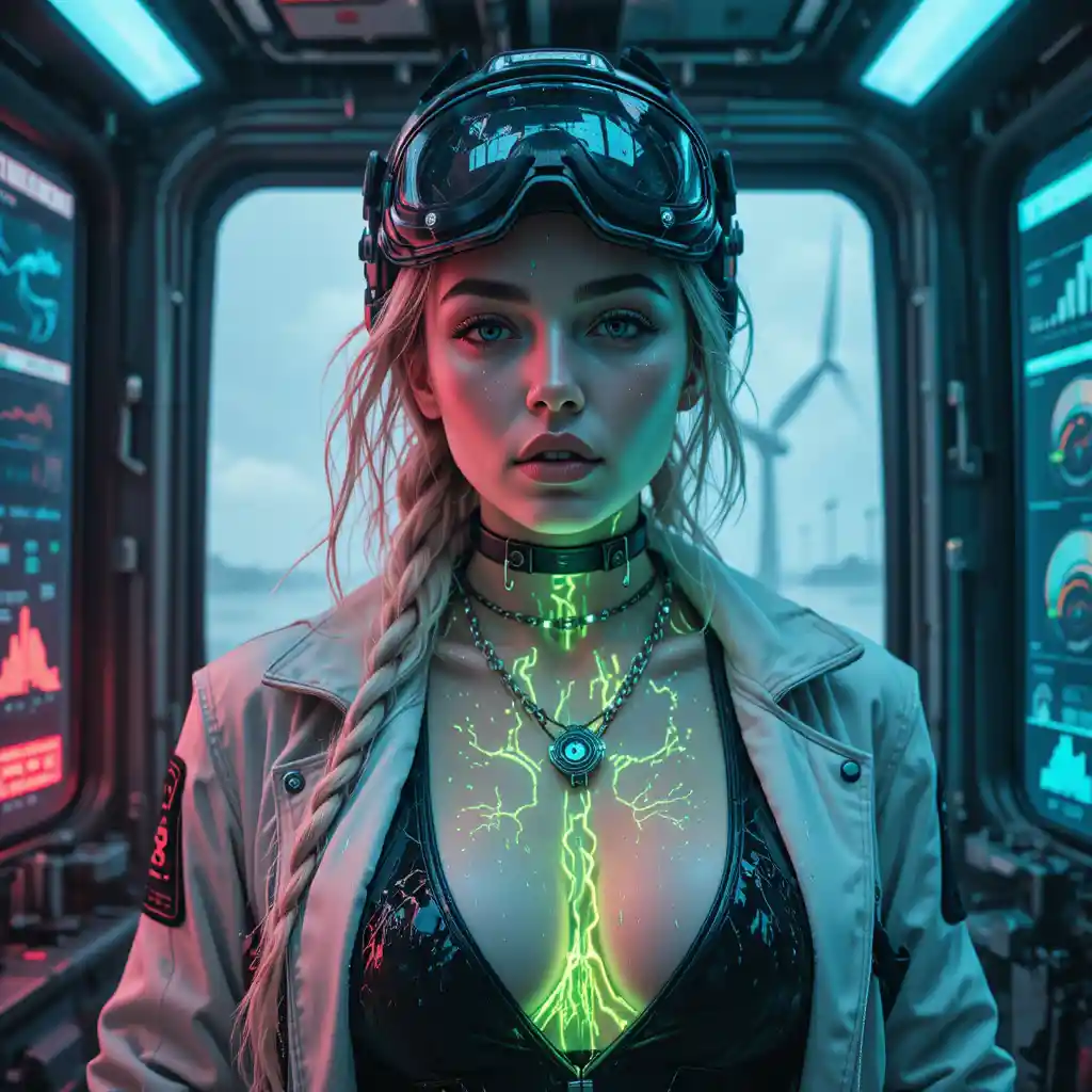 Cyber noir femme fatale in neon lit turbine control room
