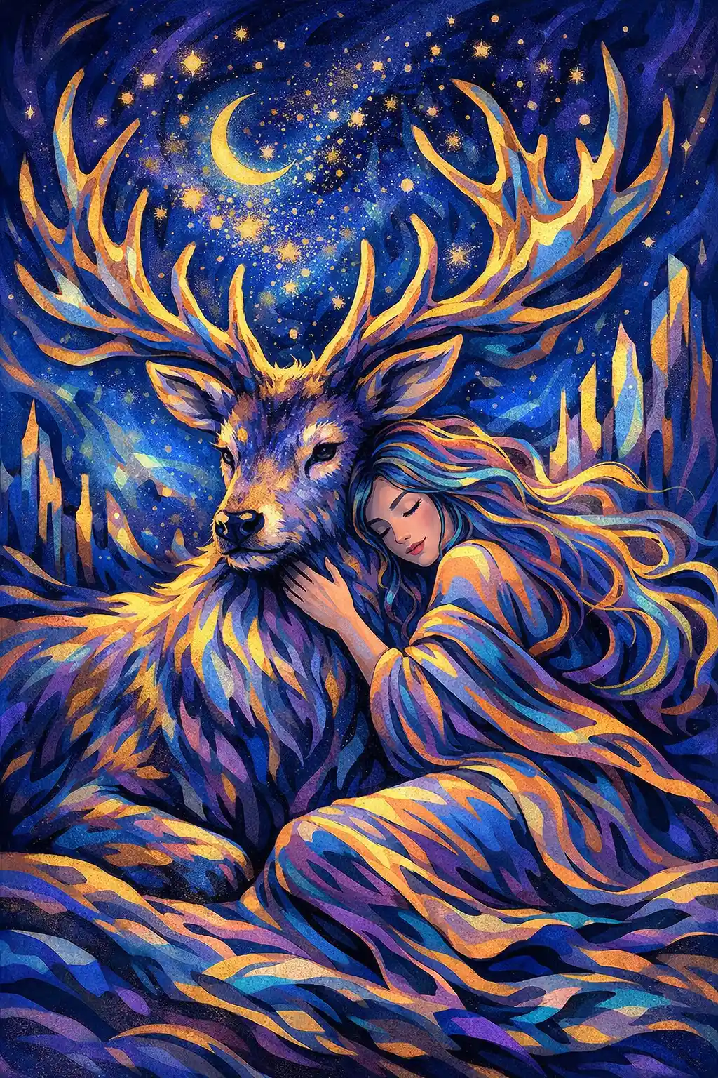 Mädchen, das sich mit einem Hirsch unter einem surrealen Sternenhimmel ausruht