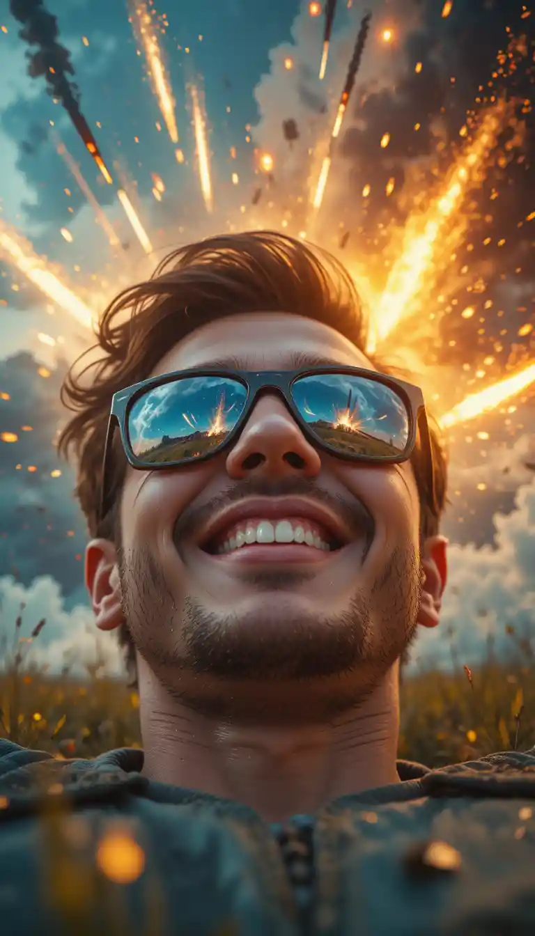 Gros plan d’un homme souriant sur l’herbe avec des reflets de météores