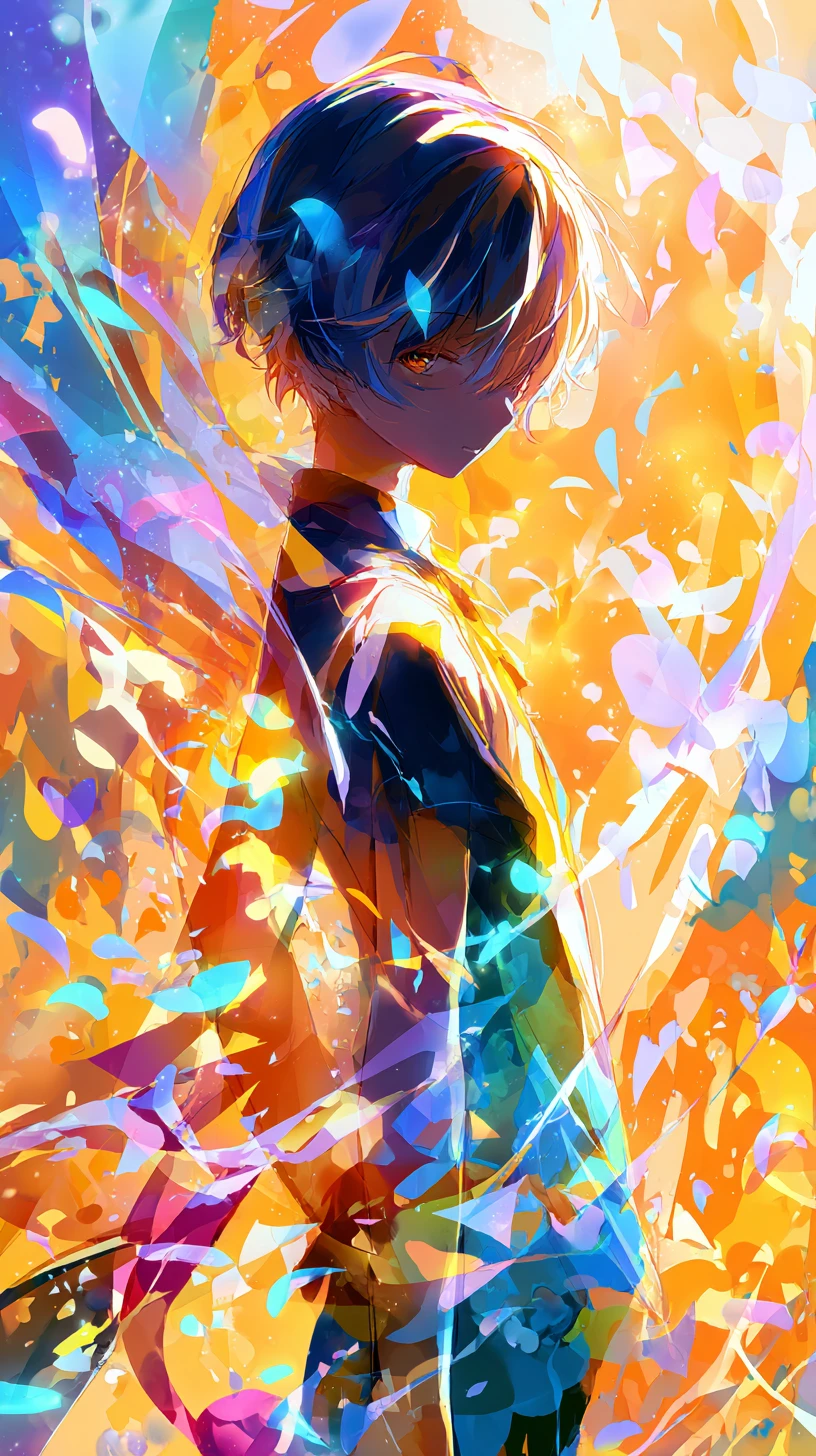 Anime androgynous character with colorful flowing feather motifs