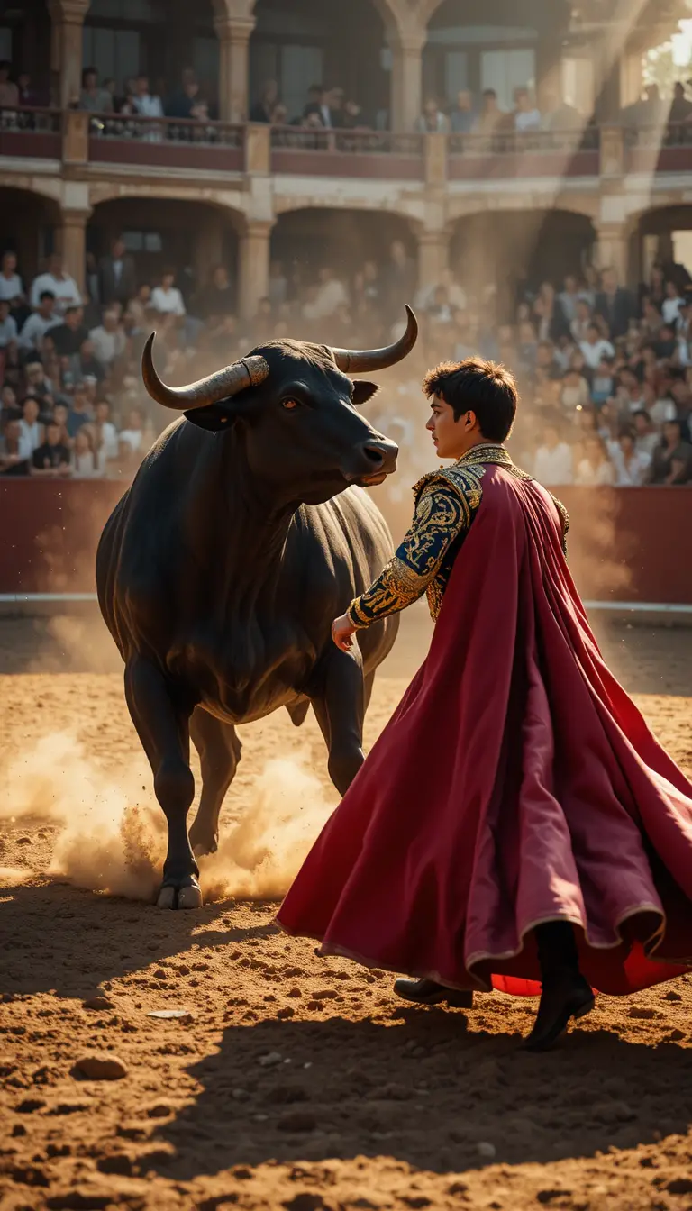 Matador Facing Charging Black Bull In Sunlit Arena