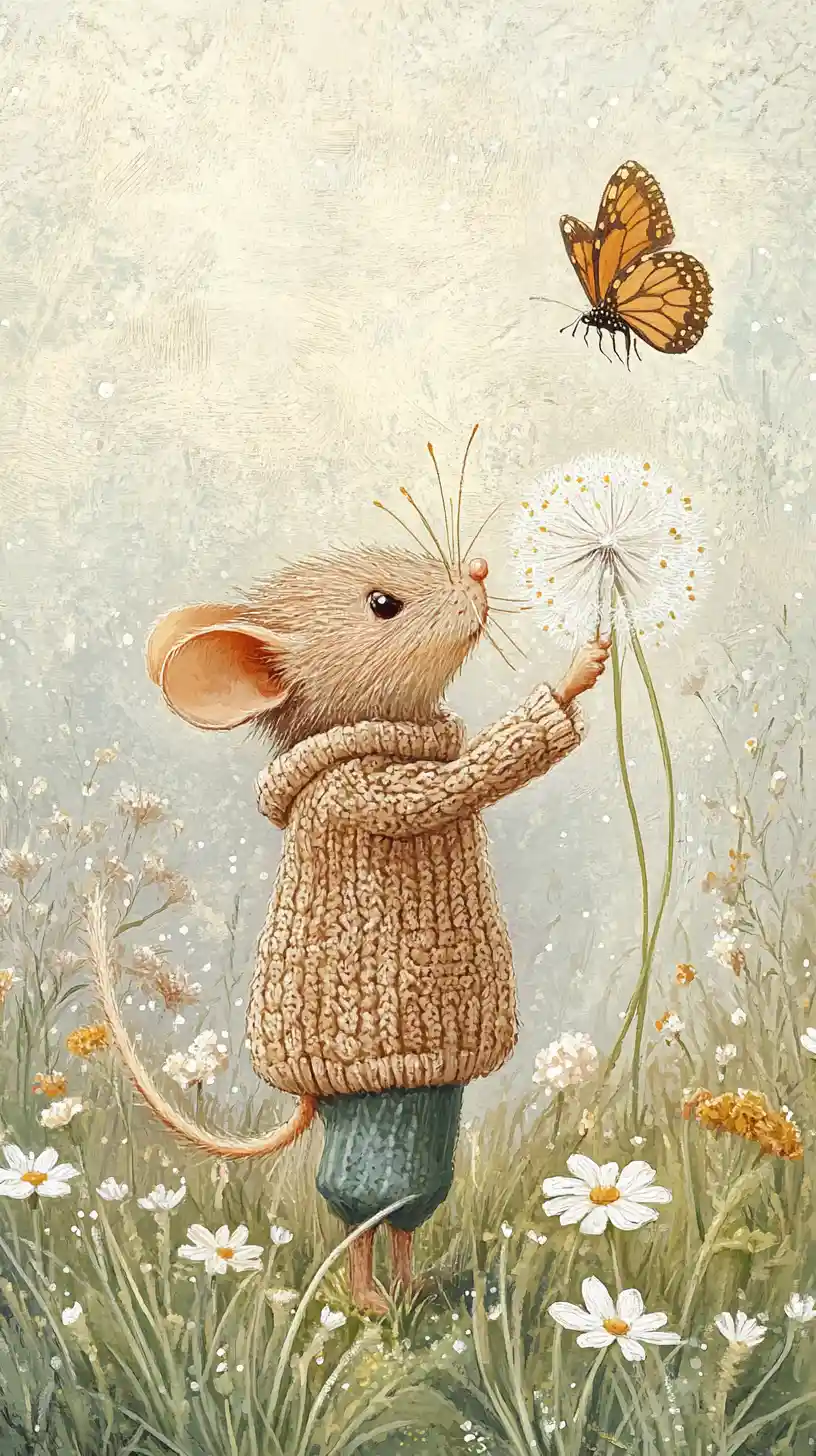 Tiny field mouse with dandelion in a spring garden