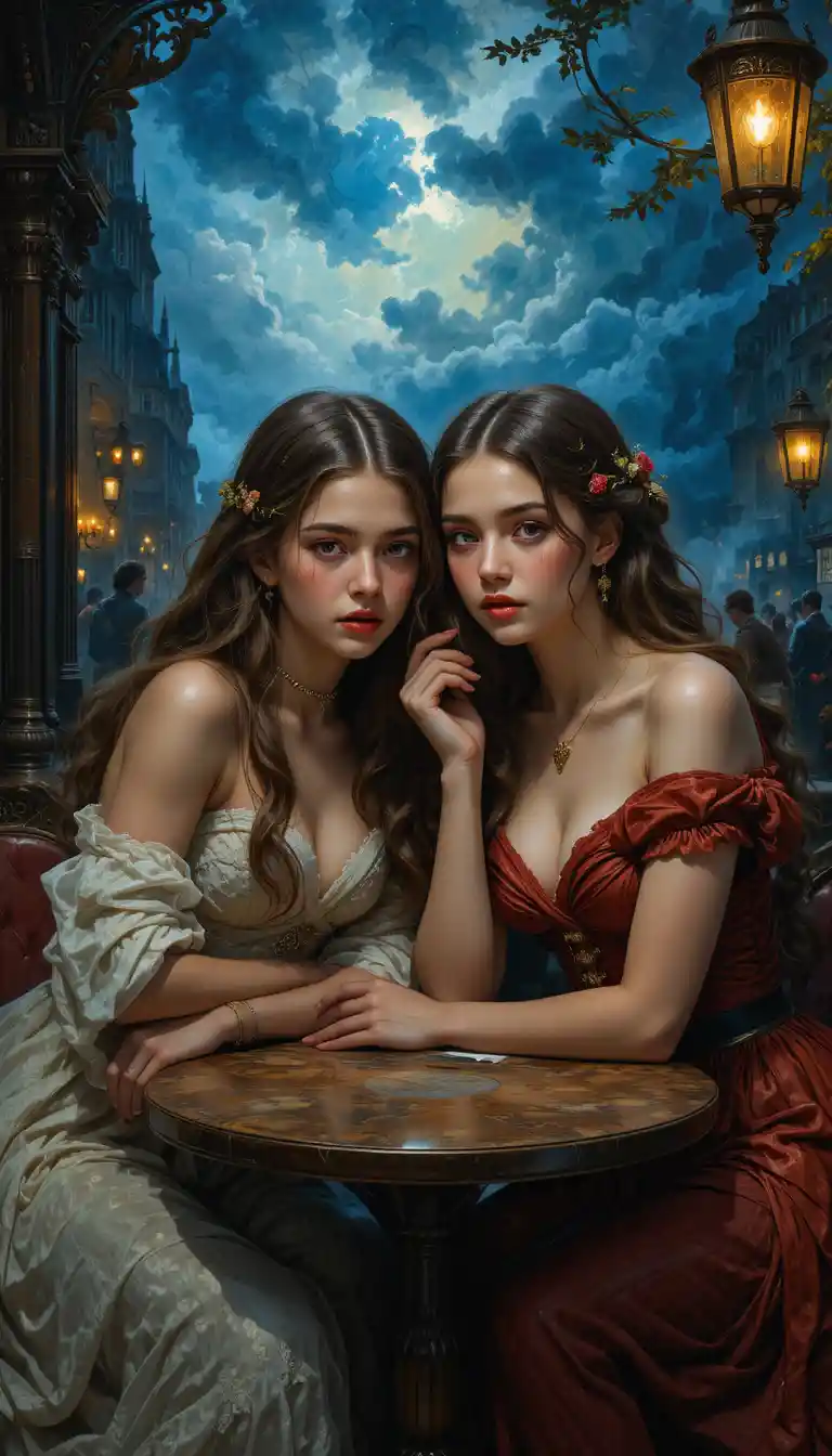 Dos chicas jóvenes en una escena dramática de café nocturno