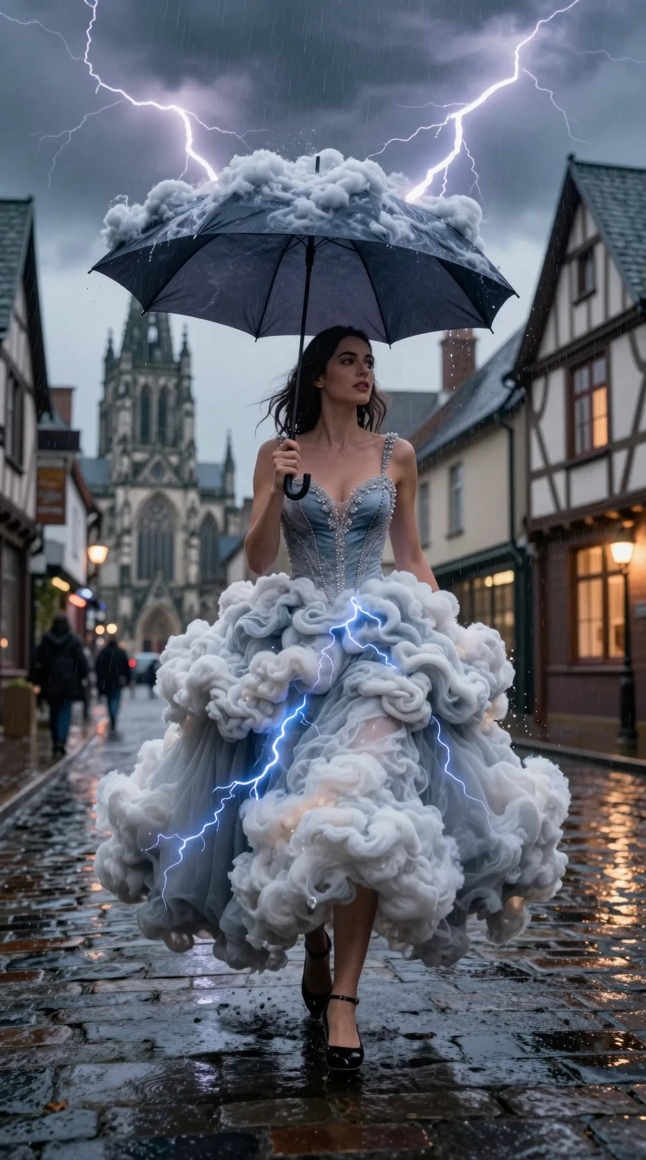 Woman in stormy cloud dress on wet european street