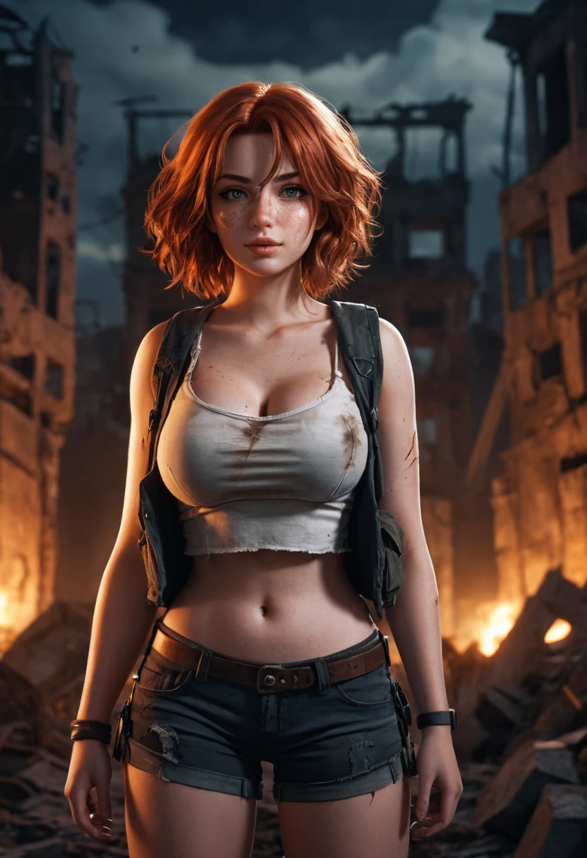 Curvy anime woman in post apocalyptic city ruins at night