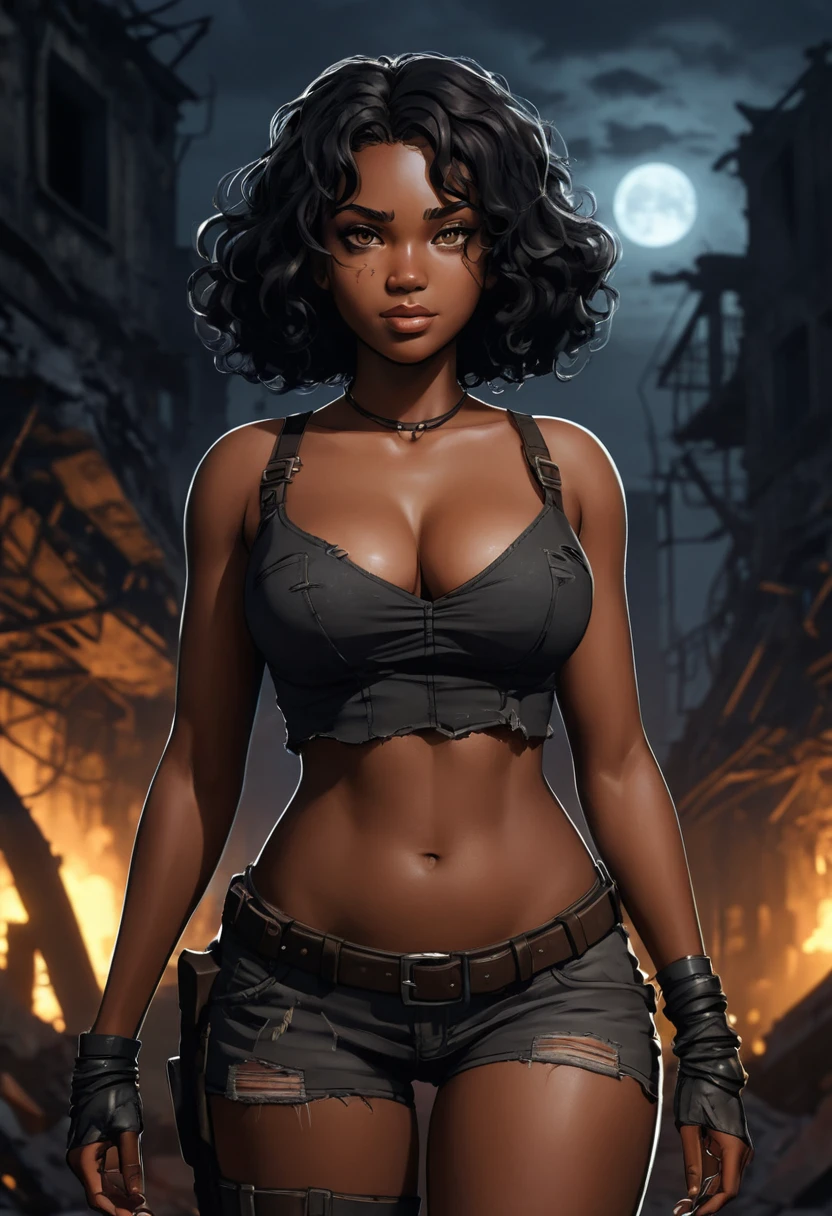 Mulher anime curvilínea em luz quente entre cidade em ruínas