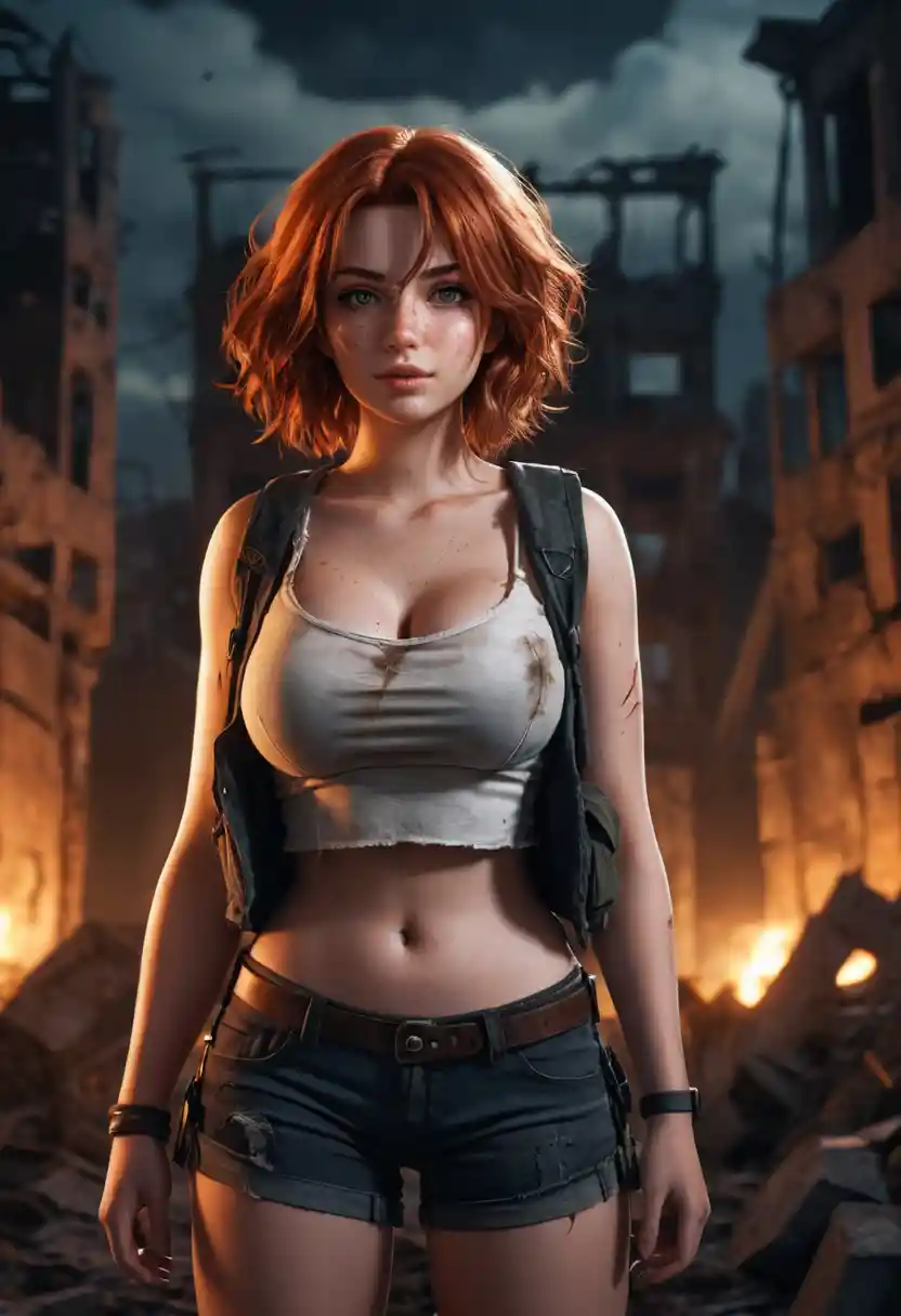 Curvy anime woman in post apocalyptic city ruins at night