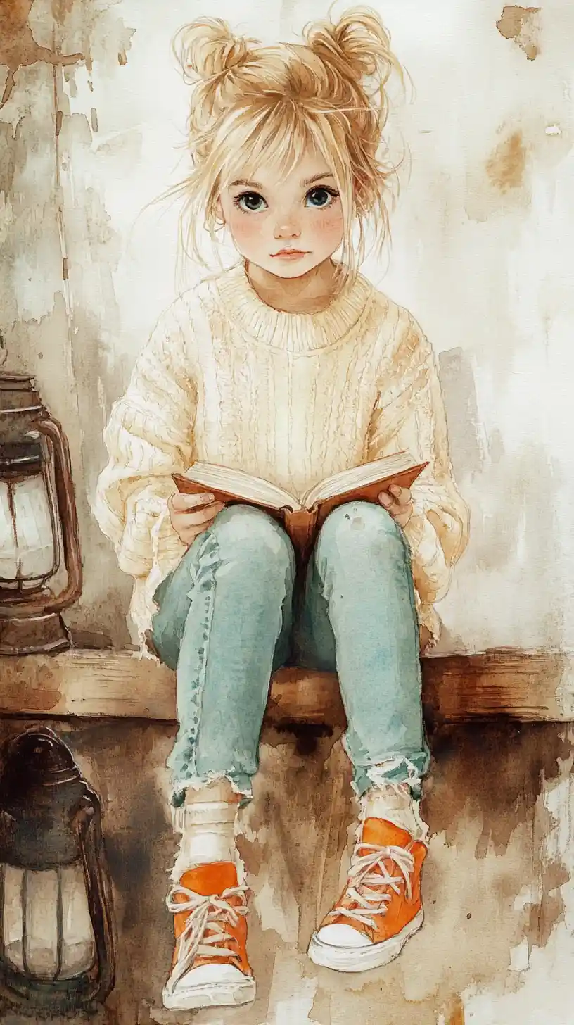 ランタンの灯りの中、木の梁で本を読む可愛い女の子