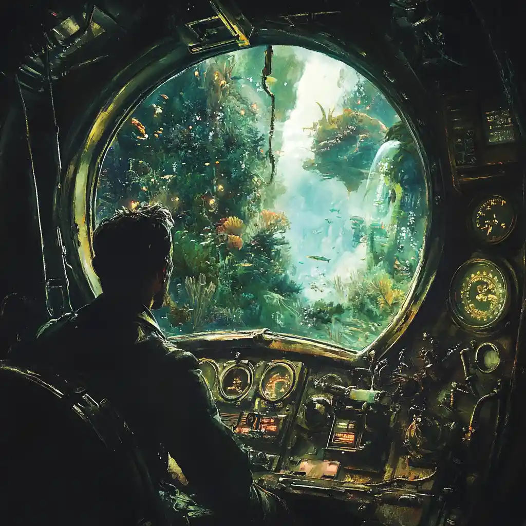 Captain at submarine cockpit window in glowing underwater world