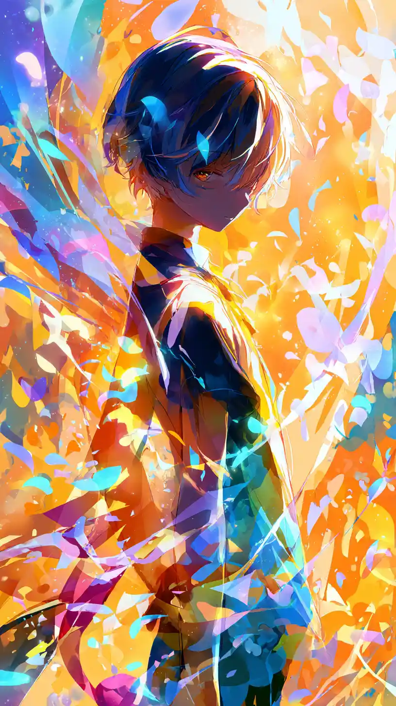 Anime androgynous character with colorful flowing feather motifs