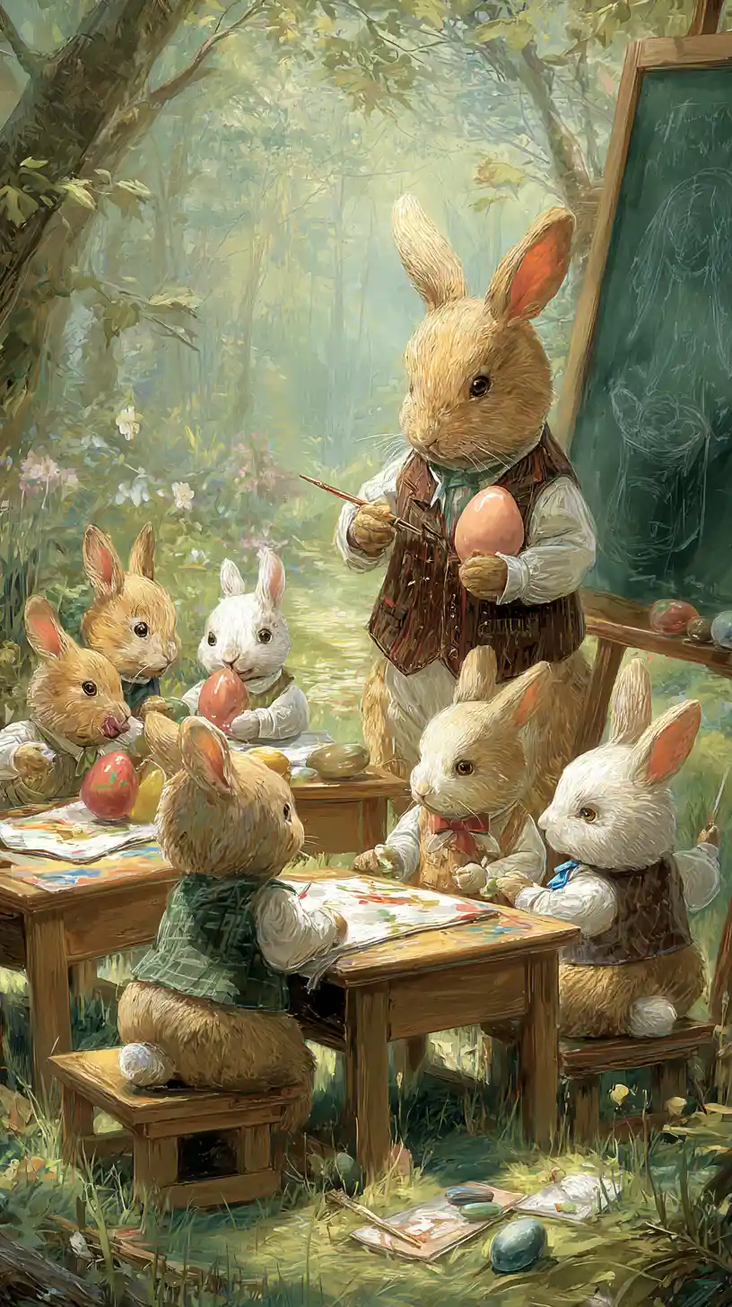 Easter Rabbit School Painting Colorful Eggs In Forest