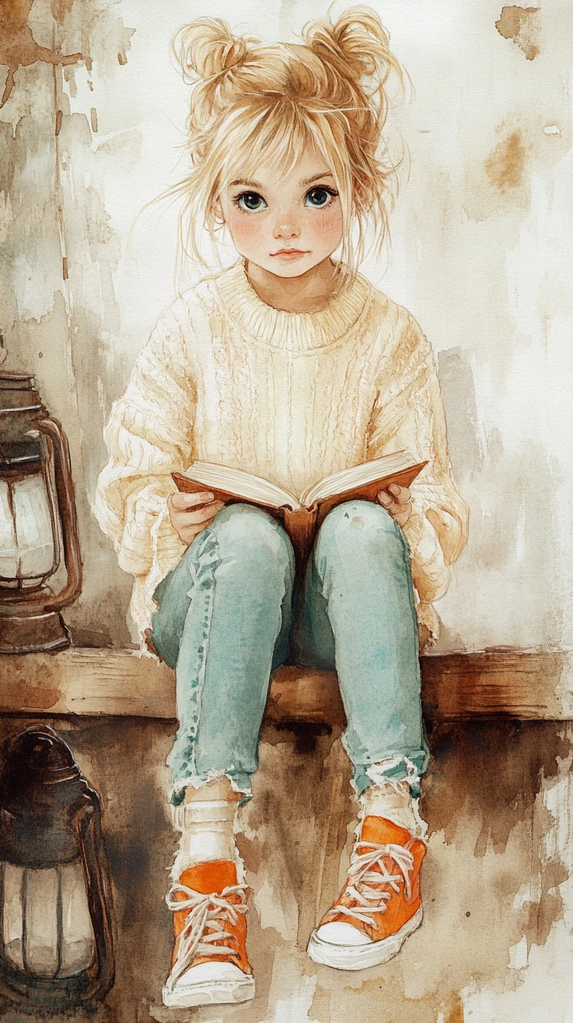 ランタンの灯りの中、木の梁で本を読む可愛い女の子