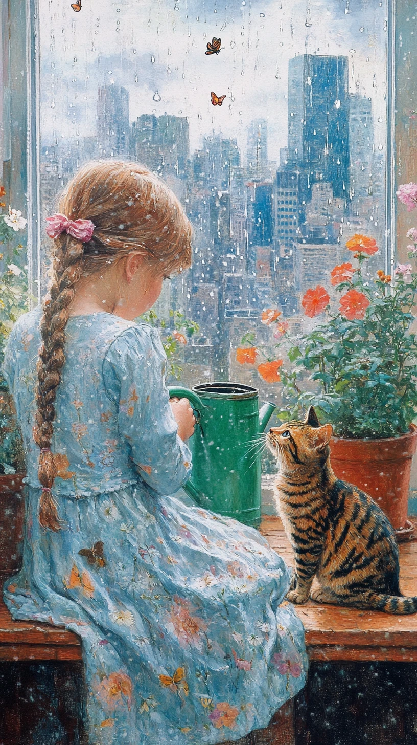 Girl watering flowers with a curious cat on windowsill