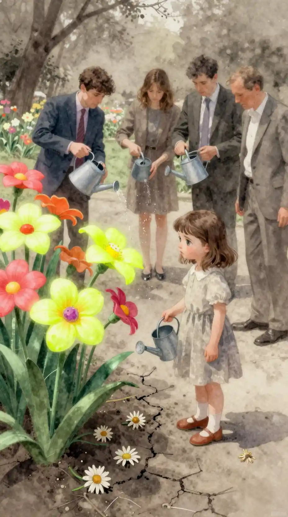 Chica en acuarela en un parque surrealista de flores de plástico
