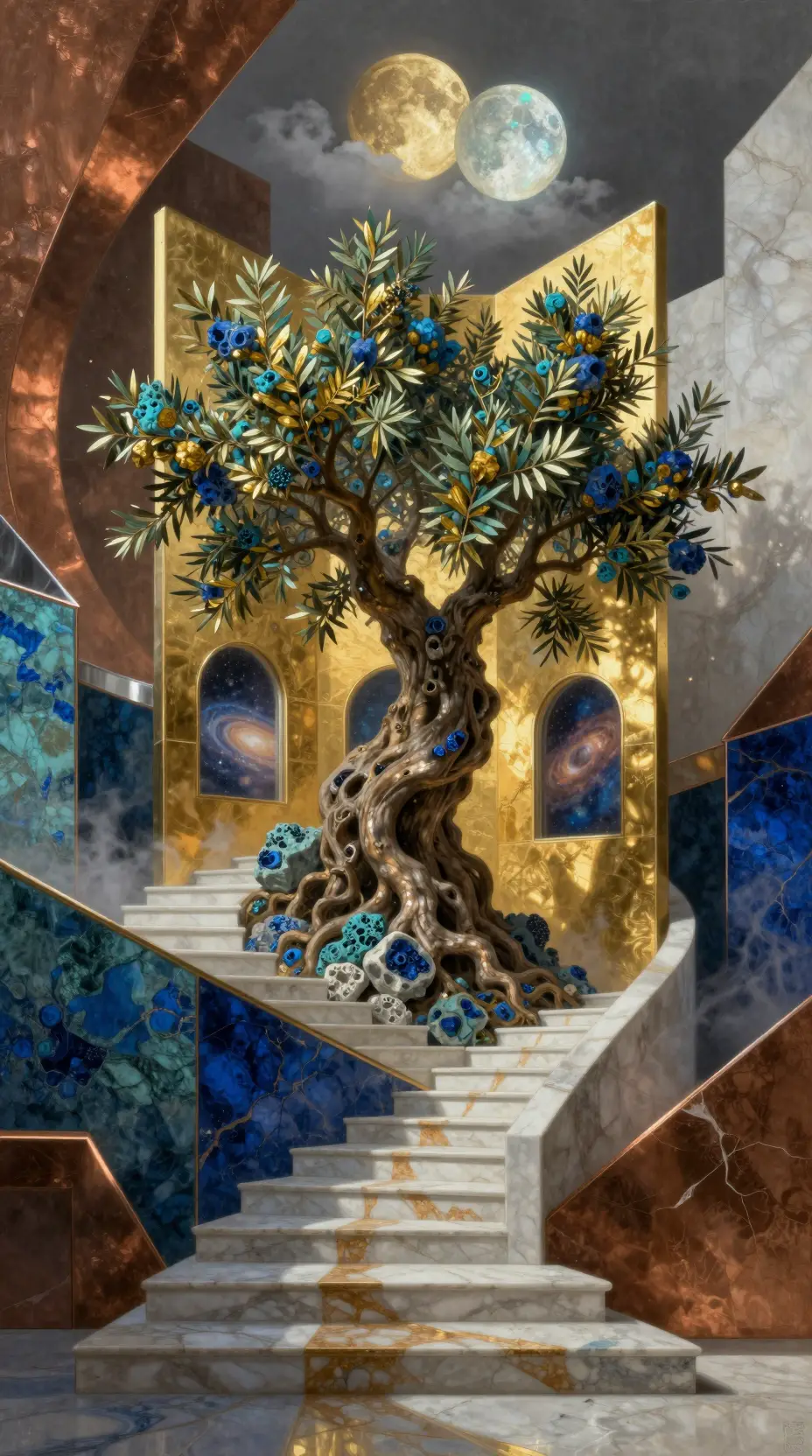 Árbol Ancestral Elevándose en Interior Sagrado Geométrico