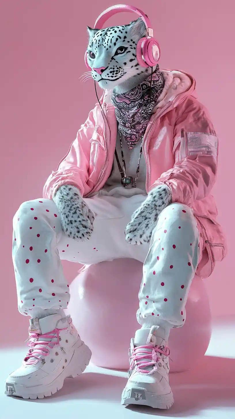 Anthropomorphic snow leopard in pink streetwear sitting down