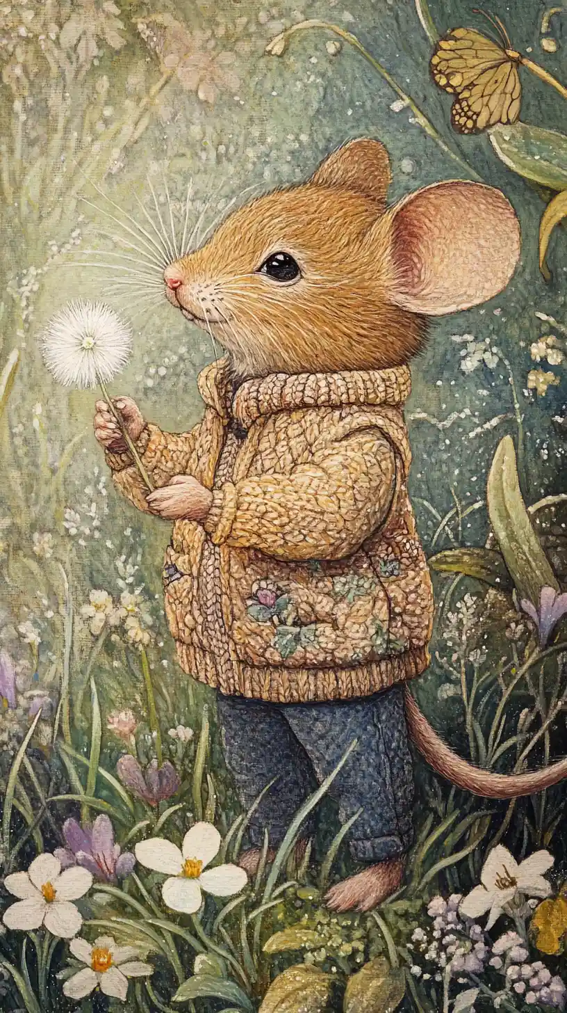 Tiny field mouse with dandelion in a spring garden