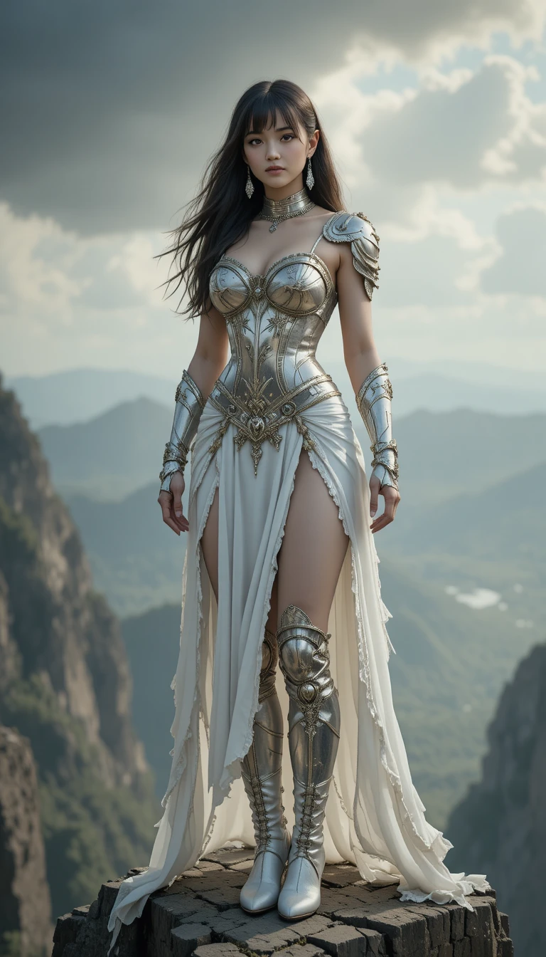 Armored guardian woman smiling bravely on a cliff