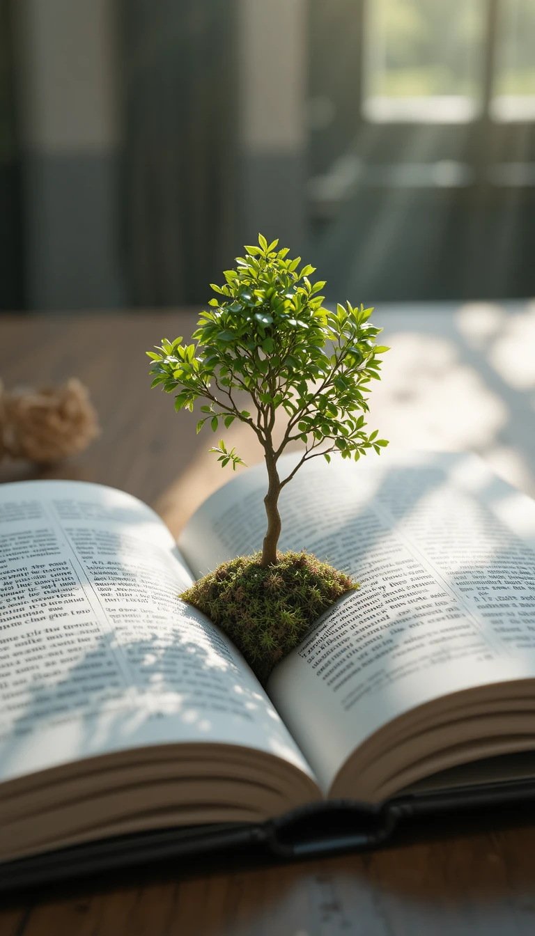 Small green tree growing from an open book