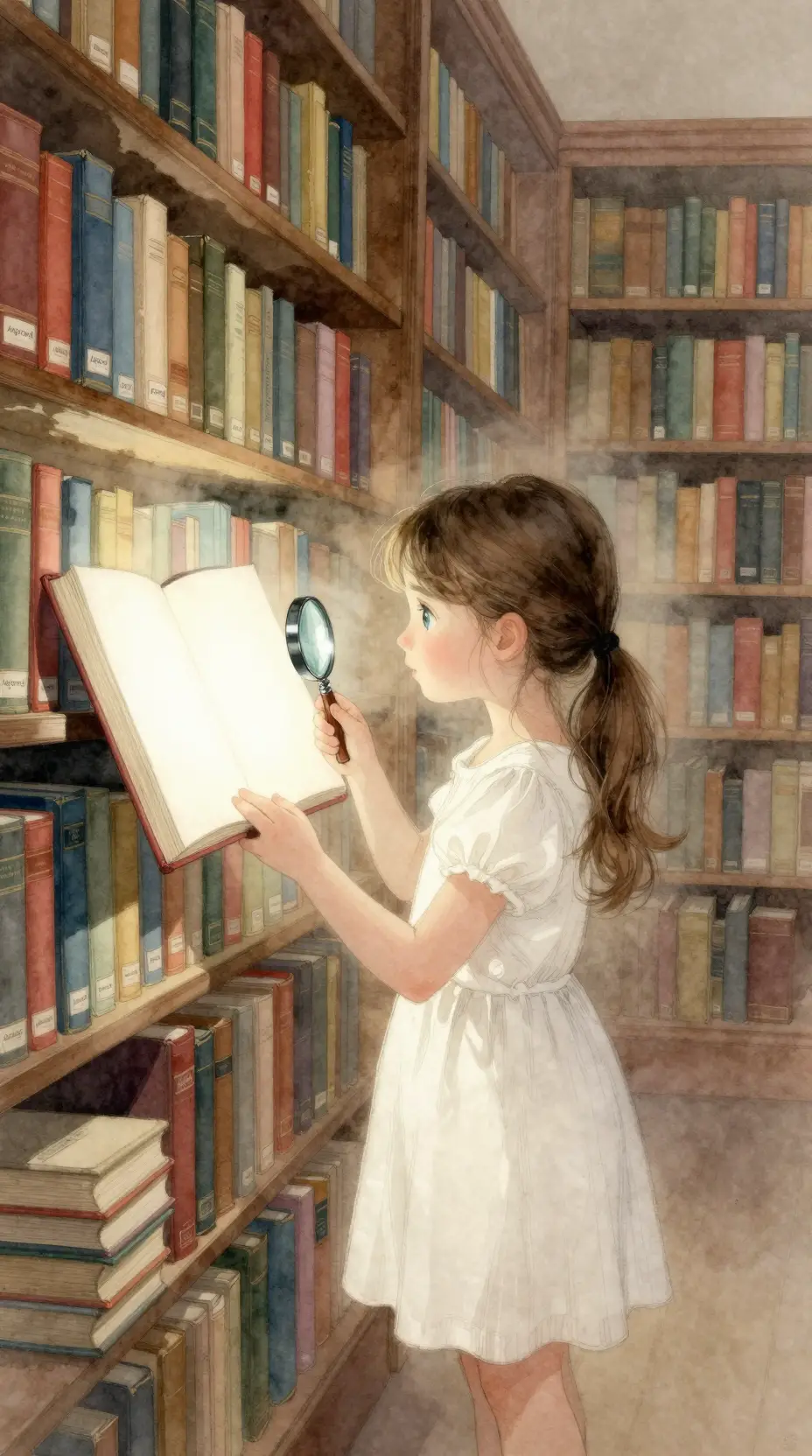 Niña con libro en blanco brillante en una biblioteca antigua