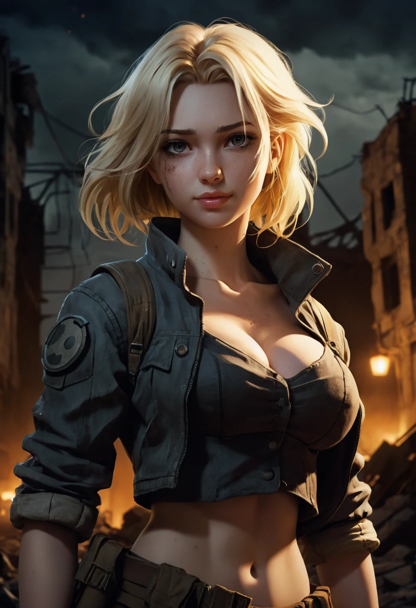 Anime blonde woman in post apocalyptic city ruins at night
