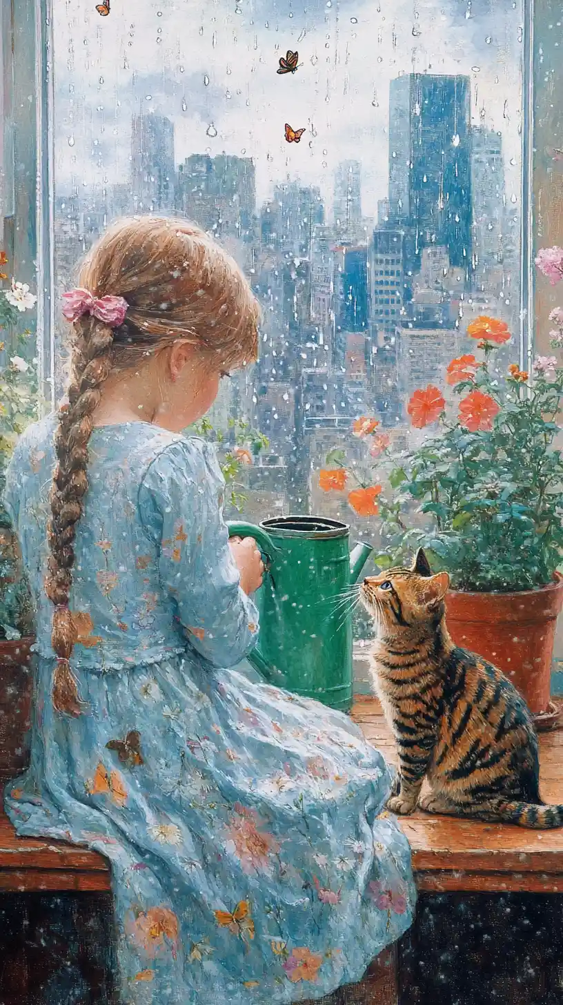 Girl watering flowers with a curious cat on windowsill