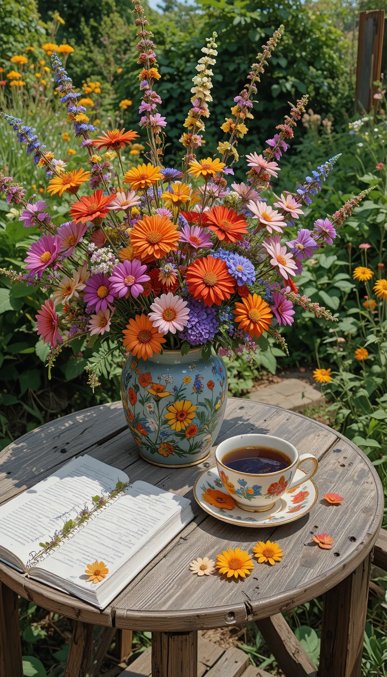 Wild garden flowers with coffee and book on table