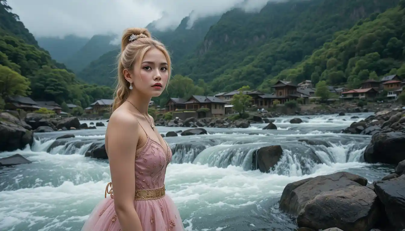 Ragazza bionda giocosa in primo piano con vestito ciano e rosa