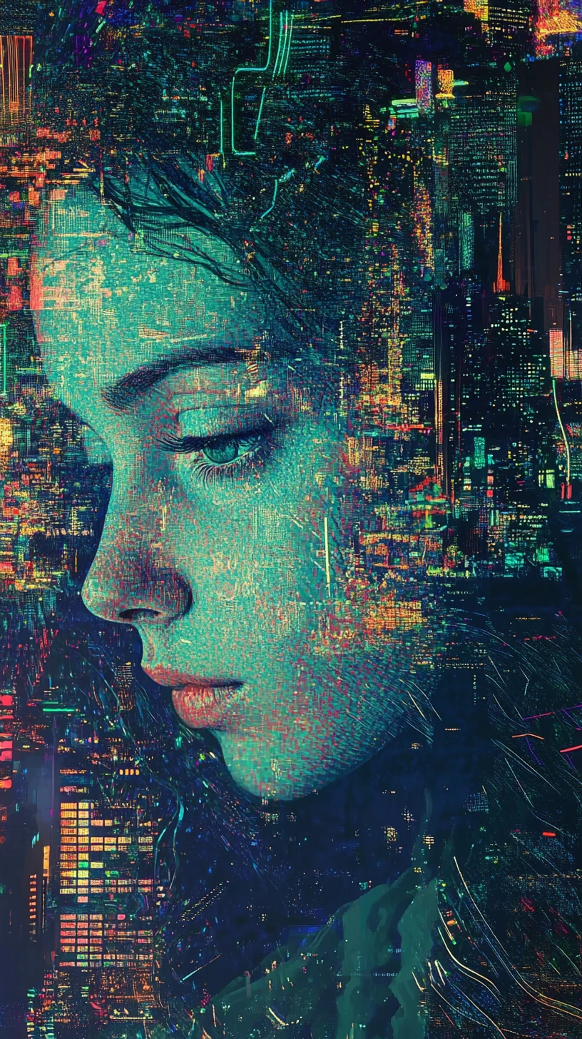 Mujer cíborg puntillista en ciudad futurista de neón verde