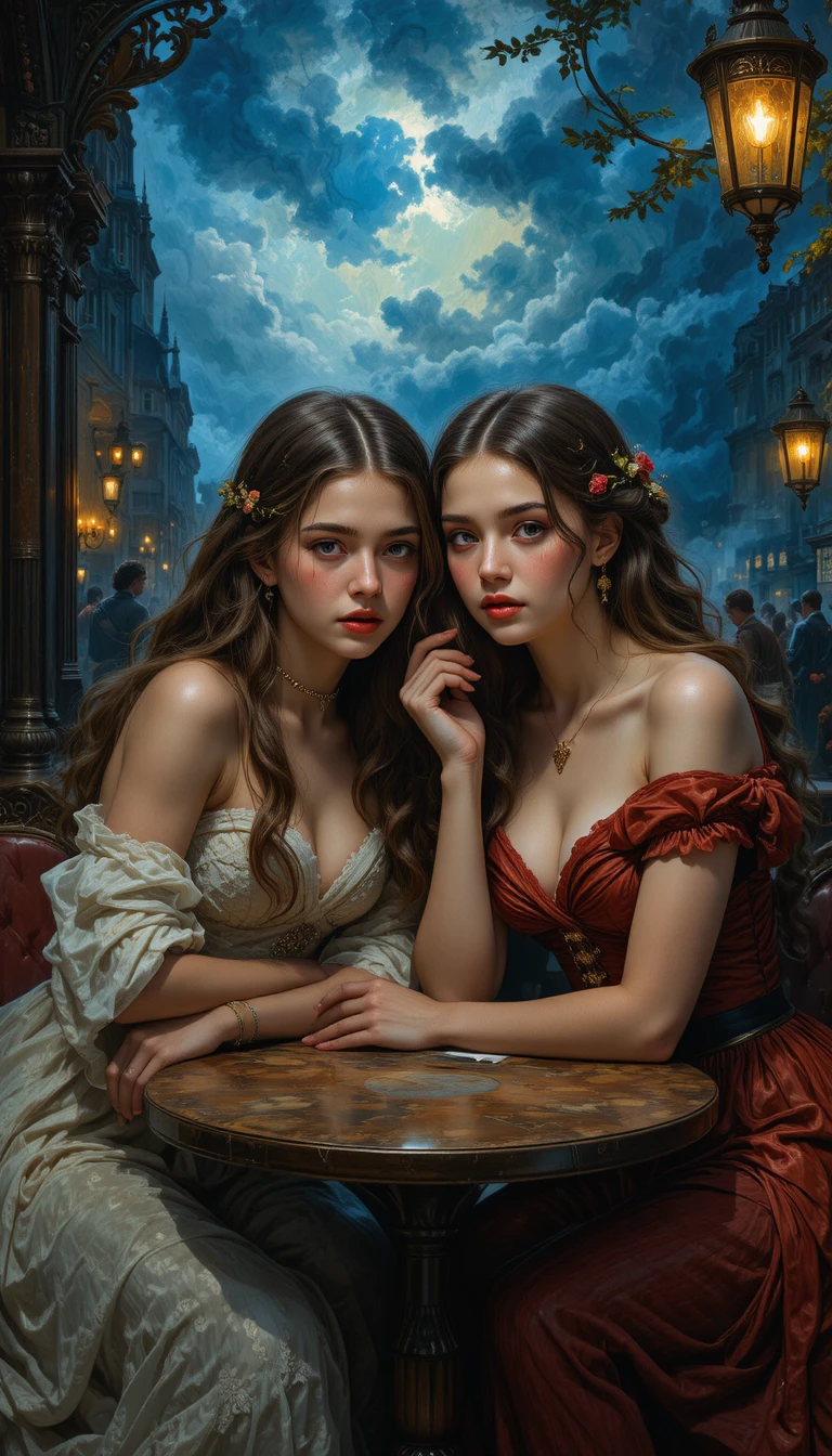 Two young girls in a dramatic evening cafe scene