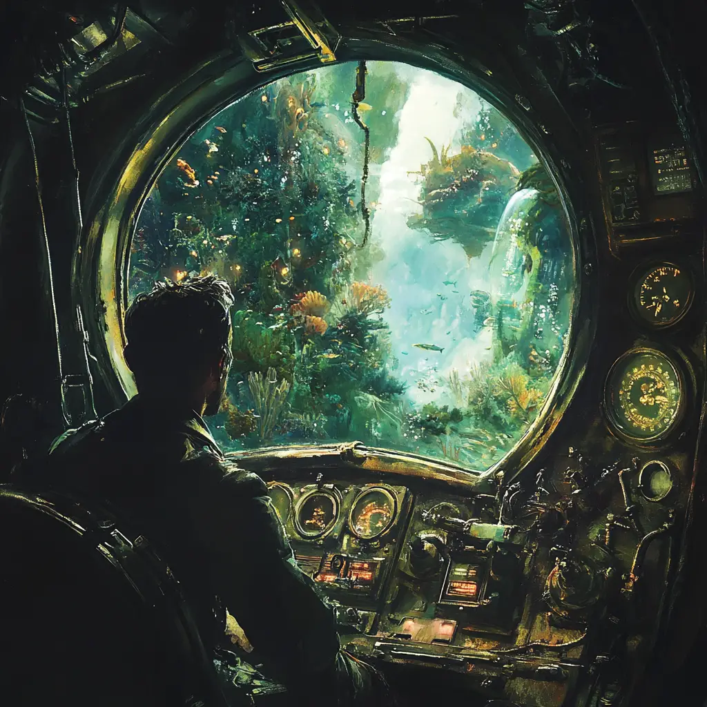 Captain at submarine cockpit window in glowing underwater world