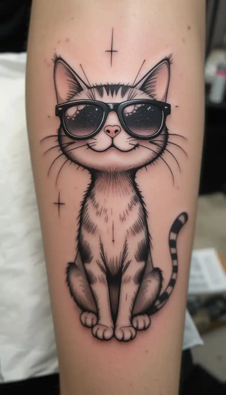 Tatuaggio lineare di gatto sorridente con occhiali da sole giocosi